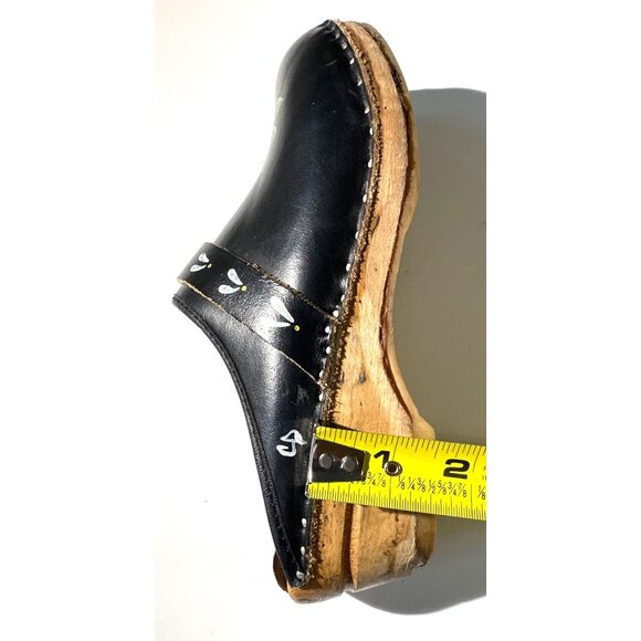 Handmade Swedish Black Leather Clogs With Hand-Painted Flowers Wood Sole Size 37 - Picture 14 of 16